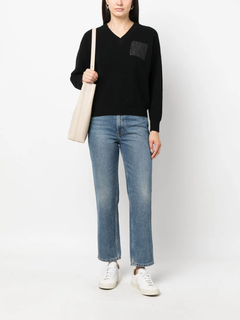 metallic-threading V-neck jumper